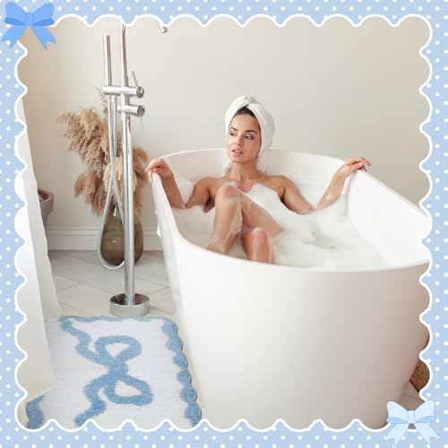 Tinideya Blue Bow Bathroom Rug 16" x 24" Scalloped Bow Bath Mat - color: Blue, size: 16" x 24" (Rectangular)