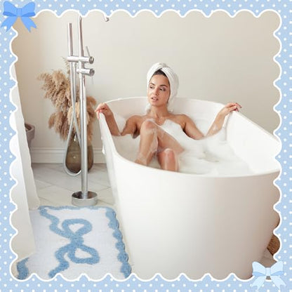 Tinideya Blue Bow Bathroom Rug 16" x 24" Scalloped Bow Bath Mat - color: Blue, size: 16" x 24" (Rectangular)