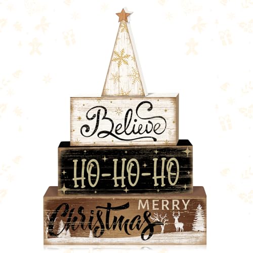 Britimes Christmas Tiered Tray Decor Set, 4 Pack, Wooden Sign, Reindeer - style: Christmas Tree Star