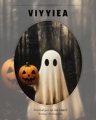 VIYYIEA Gold Framed Pumpkin Ghost Canvas Art, Gothic Halloween, 8x10in - color: Ghost Pumpkin Art, size: 10"L x 8"W