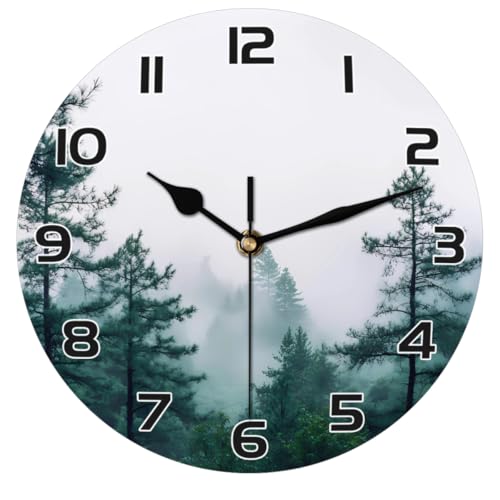 Foggy Pine Tree Forest Wall Clock Battery Operated 10 in Round Wall Clocks Slilent Non Ticking Quartz Analog Clock for Bedroom Kids Living Room Classroom Decor - color: Foggy Pine Tree Forest