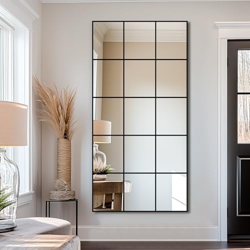 Delma Window Pane Full Length Mirror, 32"x64" Large Window Mirror, Black - size: 64"L x 32"W