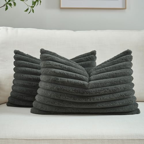 FUTEI Pack of 2 Faux Fur Throw Pillow Covers 12x20 Inch, Dark Grey - color: Dark Grey, size: 20" x 12" (Pack of 2)