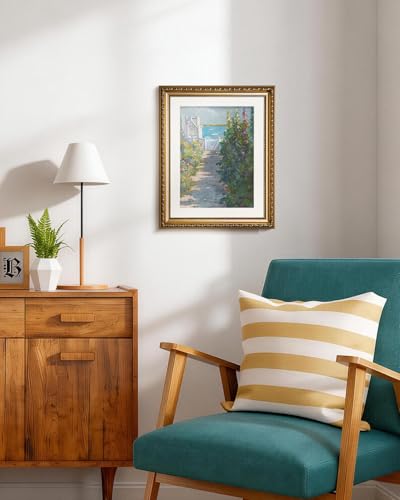 VIYYIEA Gold Framed Coastal Garden Wall Art Canvas Painting, 13×16 Inch - color: Coastal Garden Painting, size: 16"L x 13"W