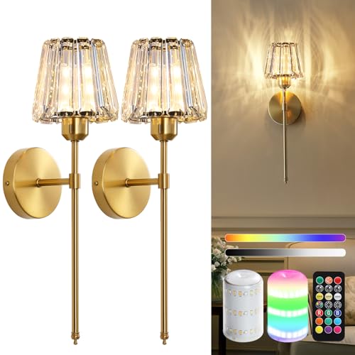 Battery Operated Crystal Wall Sconce Set of 2, Gold Rechargeable Wireless Wall Sconces with Remote Dimmable 12 Colors Modes Led Wall Lights, Wall Lamp for Bedroom Living Room Hallway, 2 Bulbs Included - color: Gold