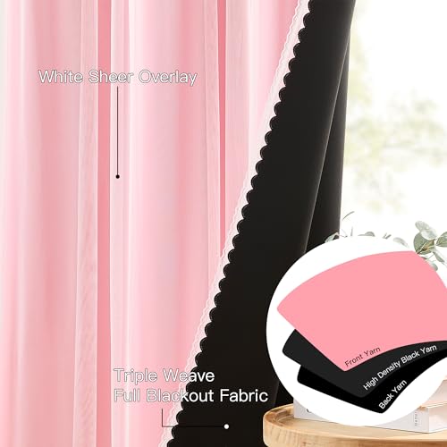 XiDi Double Layer Curtains with Sheer Overlay for Girls Kids Bedroom 96 Inches Long Pink Blackout Curtains Princess Nursery Thermal Insulated Room Darkening Grommet Drapes Lace Hem 2 Panels W52xL96 - color: Blackout-pink, size: 52"W x 96"L (Pack of 2)
