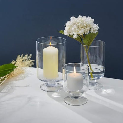 WGVI Clear Glass Pedestal Hurricane Candle Holder, 7.75"W, 13.5"H, Decorative Vase for Pillar Candles, Short Stemmed Candleholder Cylinder, Tabletop Centerpieces, Home Décor, Elegant Design, 1 Piece - size: 13" H