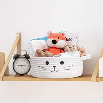 Small Woven Rope Cat Toy Basket with Cat Face Design, White - color: White, size: 9.8"W x 4"H