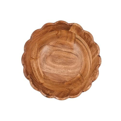 Salad Bowl Acacia Wood Elegant Scalloped Bowl Handcrafted for Salads, Fruits, – Stylish Wooden Kitchen & Tabletop Accessory (9" x 9" x 4")