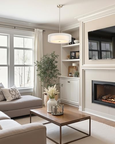 VONLUCE 20" Drum Chandelier, 3-Light White Fabric Pendant Light Fixture - color: Brushed Nickel, size: 20inch
