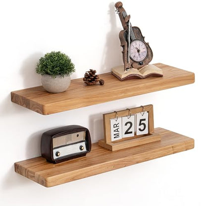 Floating Shelves for Wall, 24"Wx8"D Elm Wood Shelves, Set of 2, Natural - color: Natural, size: Round Edge, 24inch, 2Packs