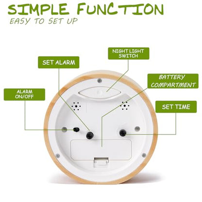 Wooden Analog Alarm Clock Silent Non-Ticking Desk Clock Battery Operated Table Clock with Nightlight for Bedroom,Children's Room, Living Room,Natural(4Inch) - color: Natural Wood