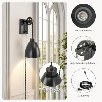 8FT Plug in Wall Sconces Pulley Wall Lamps, Black - color: Black