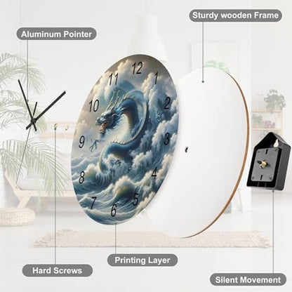 Dragon Wall Clock, Japan Style Medieval Magic Fantasy Sea Wave Dragon Wall Clocks Battery Operated Silent Non Ticking Round Wooden Clocks for Kitchen Bathroom Living Room 12 Inch - color: Dragon-3
