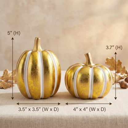 FESTGLOX 2Pcs Resin Pumpkin Figurines, Fall Thanksgiving Decor - color: Gold and White-2pcs