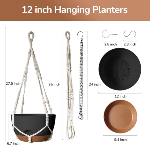 12 Inch Hanging Baskets for Plants Outdoor, Hanging Planters for Indoor Outdoor Plants, Hanging Planter with Self Watering, Hanging Flower Pots (Black Planter with Macrame + Iron Hangers) - color: Black Planter With Macrame + Iron Hangers, size: 12 Inch