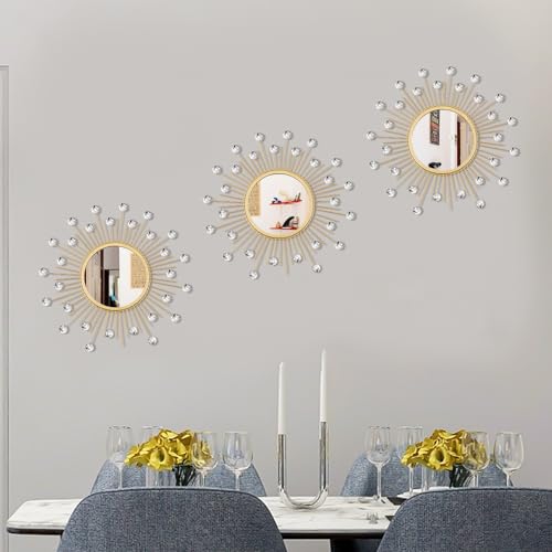 3 Pack Metal Mirrors for Wall Sunburst Wall Mirror Gold Crystal Home Accent - color: Gold Crystal