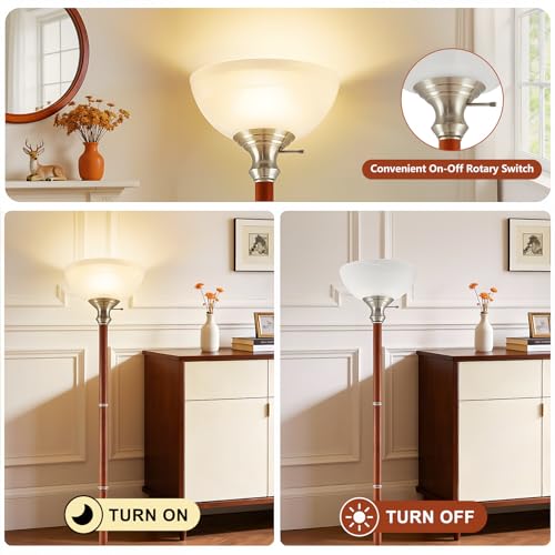 EJIAXIN 72" Wood Torchiere Floor Lamp with Glass Shade Nikel Standing Lamp - color: Brushed Nikel