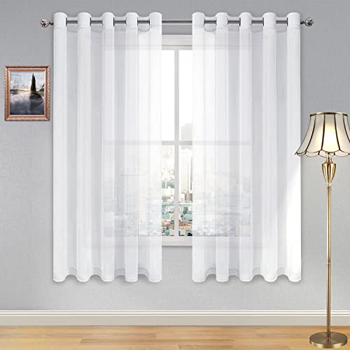 DWCN White Sheer Curtains Linen Look Semi Transparent Voile Grommet Curtains for Living Dining Room Drapes 60 x 63 Inch Long, Set of 2 Panels - color: White, size: 60"W x 63"L (Pack of 2)