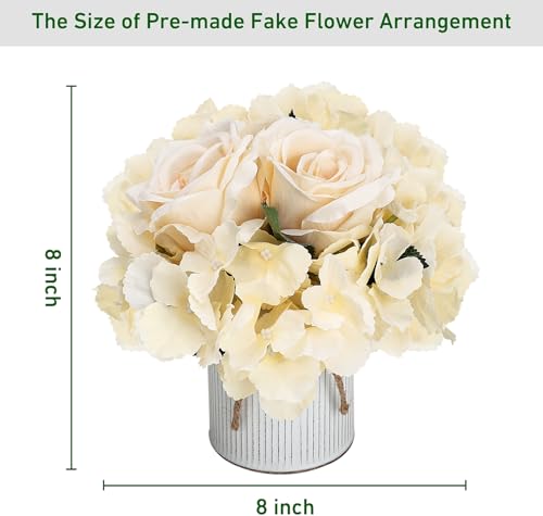 Flower Table Centerpieces - Set of 6 Floral Arrangement Artificial Wedding Hydrangeas Floral Arrangement with Rustic Metal Vase for Bridal Tea Party Event Decorations - Champagne (Pack of 2)