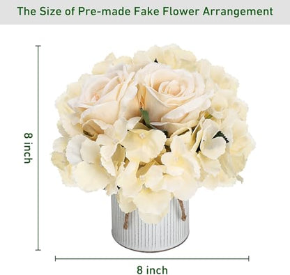 Flower Table Centerpieces - Set of 6 Floral Arrangement Artificial Wedding Hydrangeas Floral Arrangement with Rustic Metal Vase for Bridal Tea Party Event Decorations - Champagne (Pack of 2)