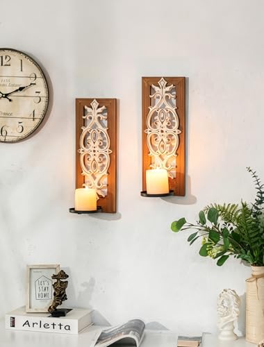 Farmhouse Wall Decor Set of 2: Wood Carved Wall Candle Holder - color: 3d Embossed