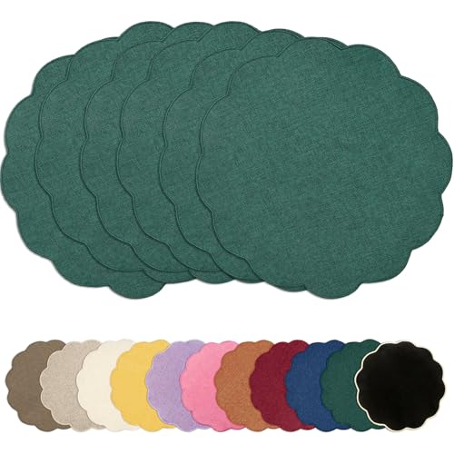 AHHFSMEI Round Scalloped Placemats Set of 6 15 Inch Faux Linen - color: Forest Green