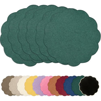AHHFSMEI Round Scalloped Placemats Set of 6 15 Inch Faux Linen - color: Forest Green