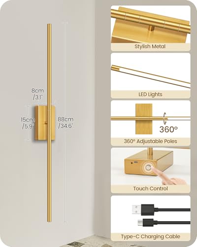 34.6" Wireless Battery Operated Wall Sconces Set of Two,Rechargeable Lamp with Remote, 360° Rotation, 10000mAh Battery, Touch Dimmable Lights for Living Room Hallway Bedroom, Gold D05YBP205 - color: Gold, size: 34.6 Inches