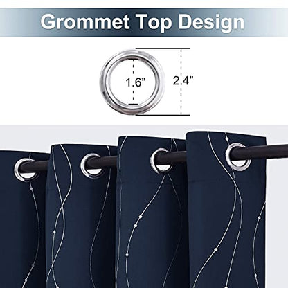 StangH Navy Blue Blackout Curtains - Silver Wave Dots Print Curtains Thermal Insulated Grommet Curtain Drapes for Bedroom Study Room, W52 x L63 inches, 2 Panels - color: Silver Navy, size: 52"W x 63"L (Pack of 2)