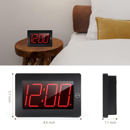 LED Digital Wall Clock Battery Operated - Large Display Digital Clock, Adjustable Brightness, Wall or Table Mount - color: Black-red