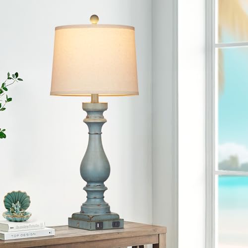 Cinkeda 29" Tall Coastal Lamp,Retro-Blue Vintage Bedside Nightstand Lamps with USB Charging Ports A/C,3-Way Dimmable Touch Control Table Lamps for Bedroom Living Room,Single Blue - color: 1Pack Retro Blue