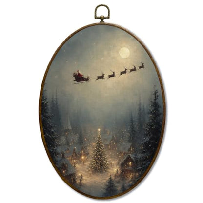 JQF Winter Christmas Tree Santa Reindeer Oval Wall Decor Framed 8.5x11.5 - color: christmas night-1
