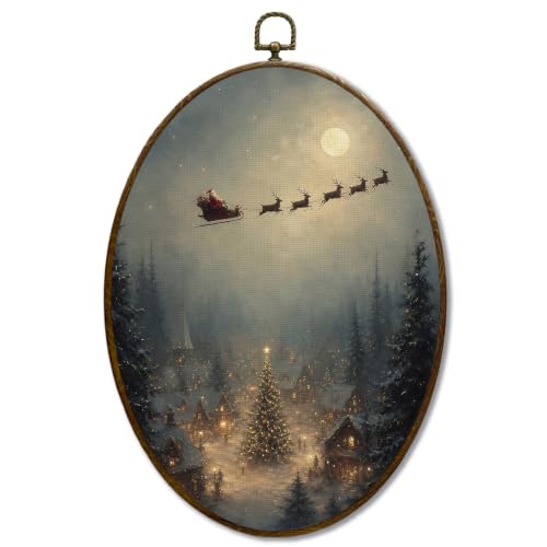 JQF Winter Christmas Tree Santa Reindeer Oval Wall Decor Framed 8.5x11.5 - color: christmas night-1