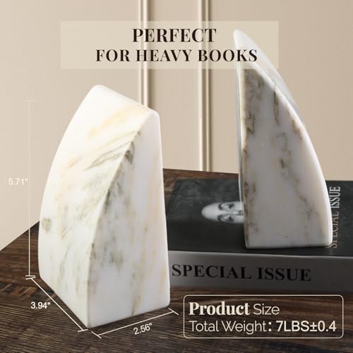 Koville Marble Bookends for Shelves, Large Bookends for Heavy Books, Natural Stone Book Stopper for Books CD Movies, Aesthetic Decorative Book Ends (Oriental Calacatta) - color: Sail-oriental Calacatta