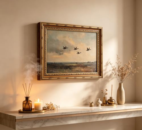Vintage Gold Framed Bird Wall Art, Retro Flying Duck Landscape Canvas Print - color: Flying Duck, size: 11"L x 9"W