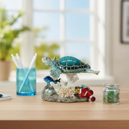 Comfy Hour 7" Sea Turtle and Clownfish on Coral Reef Figurine, Decorative Ocean Theme Sculpture for Beach House, Artisan Crafted Coastal Home Office Tabletop Accent, 1 Unit