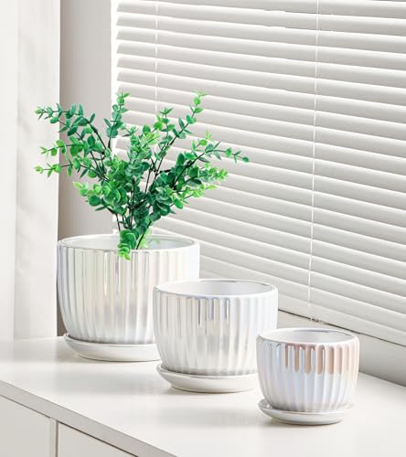 Plant Pots,Ceramic Flower Pots with Drainage Holes & Saucer Set of 3（Pearl） - color: Pearl White