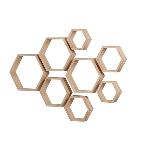 WONFUlity Hexagon Floating Shelves, Hexagonal Shelf Wall Mounted Storage - color: Light Brown, size: 8PC