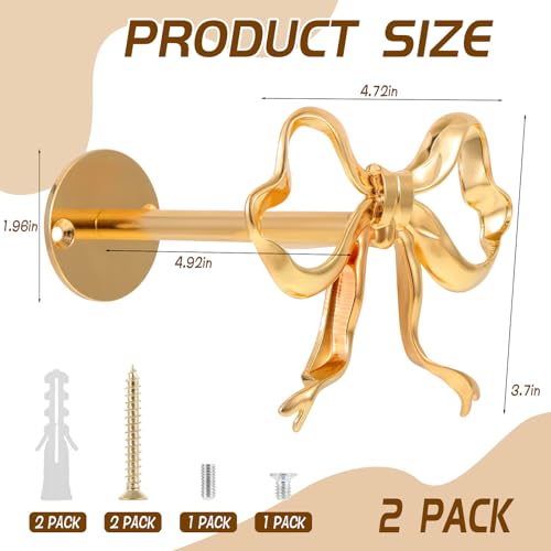 2 Pcs Metal Bow Curtain Tiebacks, Wall Mounted Gold Curtain Holdbacks, Bright Bow Curtain Tiebacks Suitable for Living Room, Bedroom, Study Room, Dormitory
