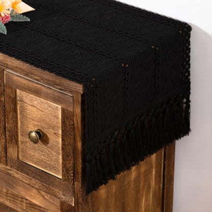Boho Macrame Table Runner Black Burlap Small Dresser Runner - color: Black, size: 12" × 90"