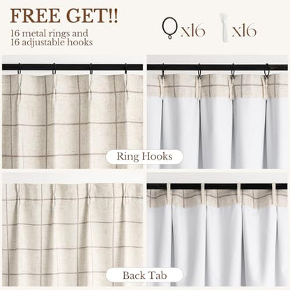 THREE GIRLS Linen Plaid Checkered Blackout Curtains Gingham Double Layer for Living Room,Bedroom,Dining Room 108 Inches Long 2 Panels Set Patterned Printed Design Insulated Pinch Pleated - color: Linen, size: 40"W x 108"L (Pack of 2)