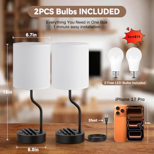Fenmzee Bedside Lamps for Bedroom Set of 2-18" Table Lamp for Nightstand - color: White & Black