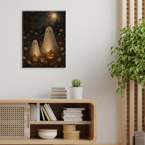 Halloween Wall Art Decor Ghost Pumpkin Wildflowers Canvas Print Framed - color: D