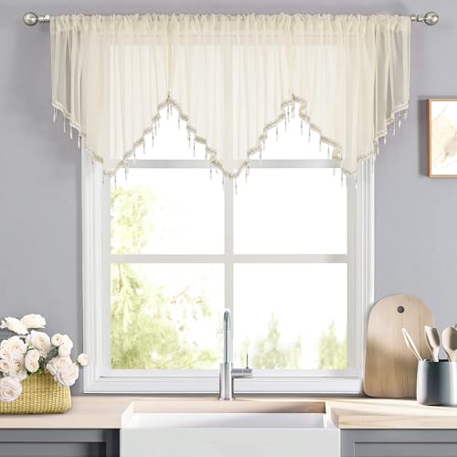 WUBODTI Beaded Sheer Curtain Valances for Kitchen Windows, Triangle Sheer Voile Swag Valance Curtains Boho Bead Tassels Window Valances (Beige, 24" L x 51" W (Pack of 3)) - color: Beige