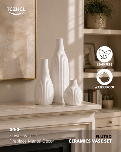 Minimal Line White Ceramic Vase Set of 3, Matte Decorative Flower Vases - color: White