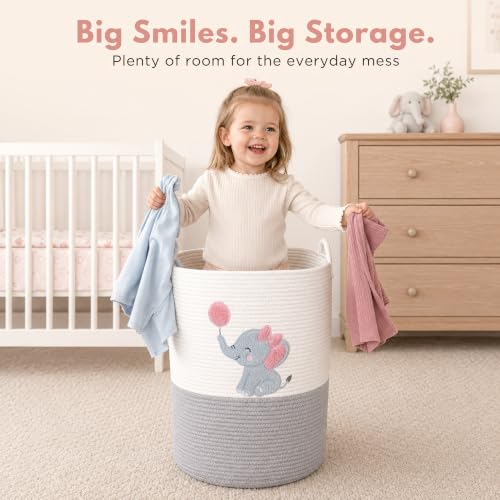 Elephant Baby Laundry Basket for Girl Nursery, Pink Rope Hamper, 20x15 in - color: Girl Elephant