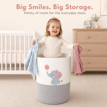 Elephant Baby Laundry Basket for Girl Nursery, Pink Rope Hamper, 20x15 in - color: Girl Elephant