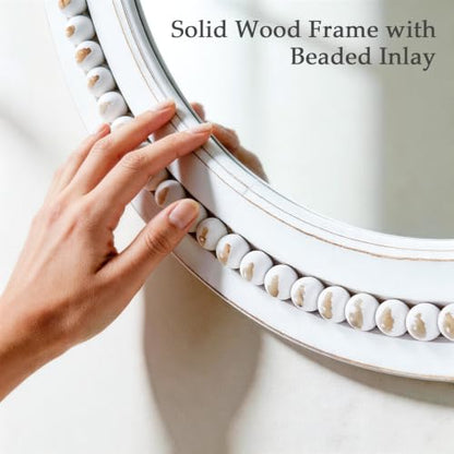 27 Inch Round Wood Beaded Wall Mirror, Farmhouse Circle Mirror - color: White