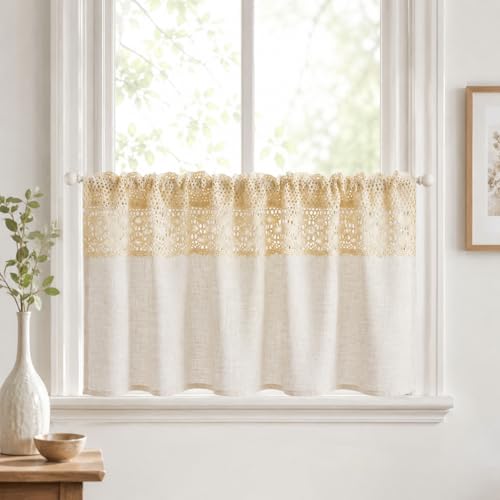 AOKQYA Lace Linen Kitchen Curtains, 54" W x 15" L - size: 54"W x 15"L (Pack of 1)